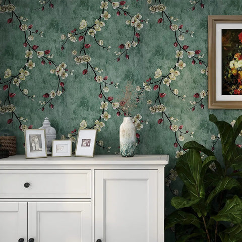 Floral Peel And Stick Wallpaper With Apricot Flowers On Dark Green Background Easy Peel And Stick Self Adhesive Removable Wall Covering Vinyl Roll 17.7 In By 197 In For Walls Cabinets Shelves And Drawer Liners floral wallpaper with vase on white cabinet