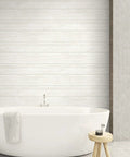 Bathroom scene with white shiplap peel and stick wallpaper roll, DIY friendly, removable and washable vinyl, 20.5 in by 18 ft.