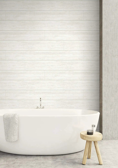 Bathroom scene with white shiplap peel and stick wallpaper roll, DIY friendly, removable and washable vinyl, 20.5 in by 18 ft.