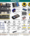 Packing list for 4WD omnidirectional Mecanum robot kit: wheels, ESP32/Banana Pi board, LCD1602 display, IR remote.
