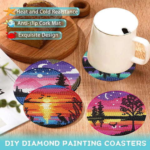 Eight Piece Diamond Art Coaster Kit With Holder Landscape Themed Full Drill Rhinestone Coasters displayed with a mug on a table.
