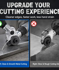 Upgraded Electric Drill Plate Cutter Attachment Metal Nibbler showing clean metal cut versus rough edge comparison.
