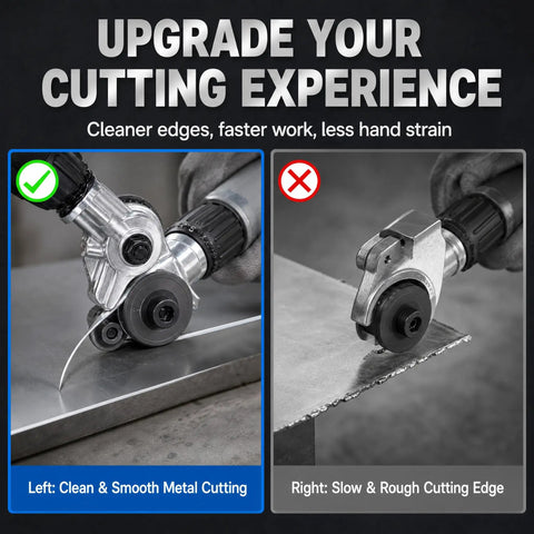Upgraded Electric Drill Plate Cutter Attachment Metal Nibbler showing clean metal cut versus rough edge comparison.