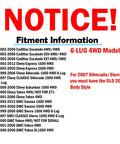 Fitment information for 6-Lug 4WD Chevy GMC SUVs and trucks, including years and models for Escalade, Tahoe, Suburban, Yukon.