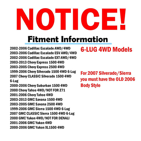Fitment information for 6-Lug 4WD Chevy GMC SUVs and trucks, including years and models for Escalade, Tahoe, Suburban, Yukon.