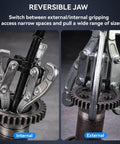 Three Piece Reversible Jaw Gear Extractor Set with 3, 4, 6 Inch sizes in internal and external gripping on gears