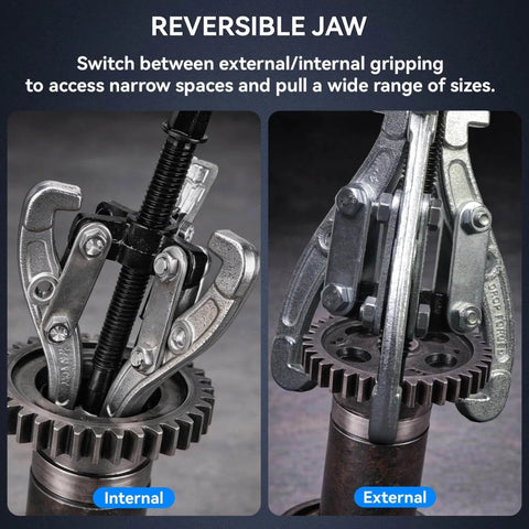 Three Piece Reversible Jaw Gear Extractor Set with 3, 4, 6 Inch sizes in internal and external gripping on gears