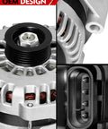 Close-up of Heavy Duty 12V 145Amp Alternator Fit For GMC Envoy Savana Sierra Yukon Tahoe Suburban Trailblazer SSR Express Silverado 1500 2500 3500 2001 2011 Models OE 6019239 Replacement showing OEM design and connector details.
