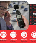 Man using Digital Decibel Meter Type 2 with Calibration Certificate for Environmental and Industrial Noise Monitoring outdoors
