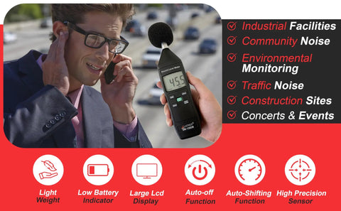 Man using Digital Decibel Meter Type 2 with Calibration Certificate for Environmental and Industrial Noise Monitoring outdoors