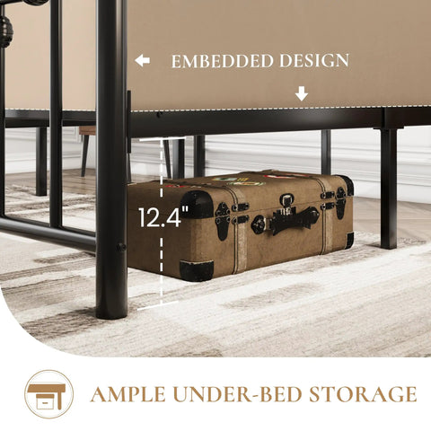 Queen Metal Platform Bed Frame Featuring Victorian Headboard And Footboard Extra Heavy Duty Steel Slats No Box Spring Needed Zero Squeak Sleep Rock Solid Black showing ample 12.4" under-bed storage.