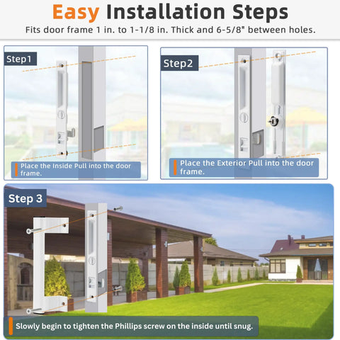 Installation steps for Sliding Glass Door Handle Set With Lock In White Aluminum Finish, showing door frames and hardware.
