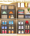 Thick And Sturdy Clear Shoe Storage Organizer With Magnetic Door Built To Last Space Saving Stackable Plastic Shoe Boxes For Closet Foldable Shoe Rack For Sneakers And Boots Six Pack Black Heavy Duty Design in closet holding shoes, clothes, and hats