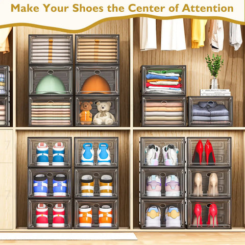 Thick And Sturdy Clear Shoe Storage Organizer With Magnetic Door Built To Last Space Saving Stackable Plastic Shoe Boxes For Closet Foldable Shoe Rack For Sneakers And Boots Six Pack Black Heavy Duty Design in closet holding shoes, clothes, and hats
