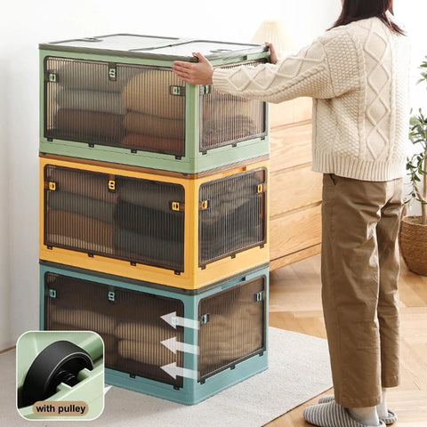 Slick Clear Foldable Storage Bins With Secure Lids Heavy Duty Plastic Containers Smooth Rolling Casters And Sturdy Handles For No Fuss Pantry Wardrobe Or Closet Organization Solutions