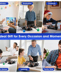 4DOF robotic arm kit for kids; Arduino IDE and ESP32 compatible STEM desk toy shown in a family/classroom collage