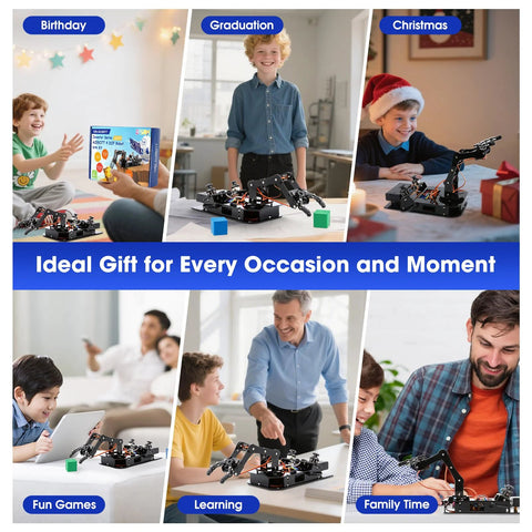 4DOF robotic arm kit for kids; Arduino IDE and ESP32 compatible STEM desk toy shown in a family/classroom collage