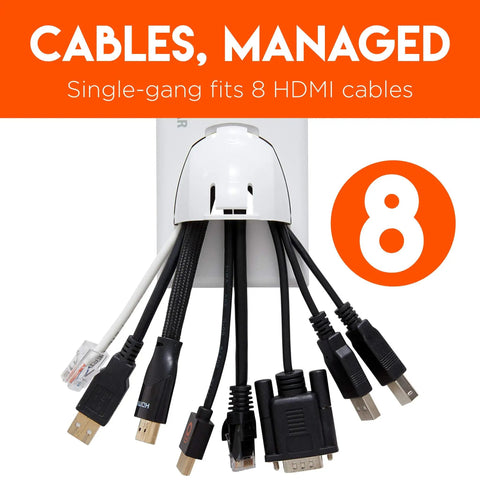 White In-Wall Cable Hider Kit For Single Gang Pass-Through - Hide Up To 8 HDMI And Low-Voltage Cables, cables exiting wall unit