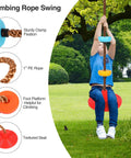 Child playing on a rope ladder and disc swing set, showing climbing features like PE rope and textured seat in a backyard.