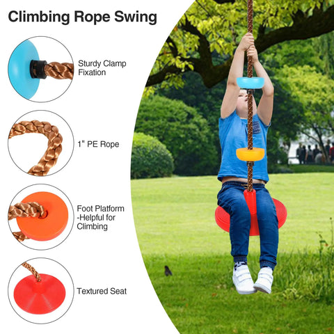 Child playing on a rope ladder and disc swing set, showing climbing features like PE rope and textured seat in a backyard.