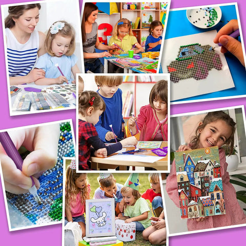 Children and adults using DIY Diamond Painting Tools And Accessories Kit 45 Piece Sweet Set for creative art projects.