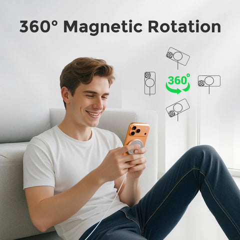Man using Powerful 25W Magnetic Wireless Charger Two Pack With Qi Two Point Two Fast Wireless Charging Pad on phone.