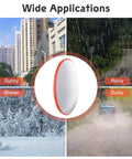 12 Inch Convex Safety Traffic Mirror Boasts Crisp Fisheye Vision For Rock Solid Garage Parking Assist Plus Driveway Blind Spot Wipeout Designed For Outdoor Indoor Install To Crush Hazards In Stores Or Tight Alleyways, shown in snowy, sunny, rainy, and dusty conditions.