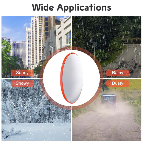12 Inch Convex Safety Traffic Mirror Boasts Crisp Fisheye Vision For Rock Solid Garage Parking Assist Plus Driveway Blind Spot Wipeout Designed For Outdoor Indoor Install To Crush Hazards In Stores Or Tight Alleyways, shown in snowy, sunny, rainy, and dusty conditions.