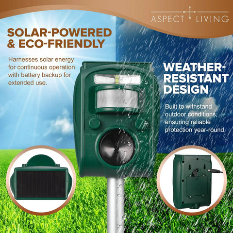Outdoor Ultrasonic Pest Repeller with motion sensor, LED strobe lights, solar panel, weatherproof IP65 waterproof deterrent.