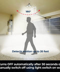 Triburst Motion Sensor LED Ceiling Light With 144 LEDs, 6500K Daylight in garage with motion sensor detection.