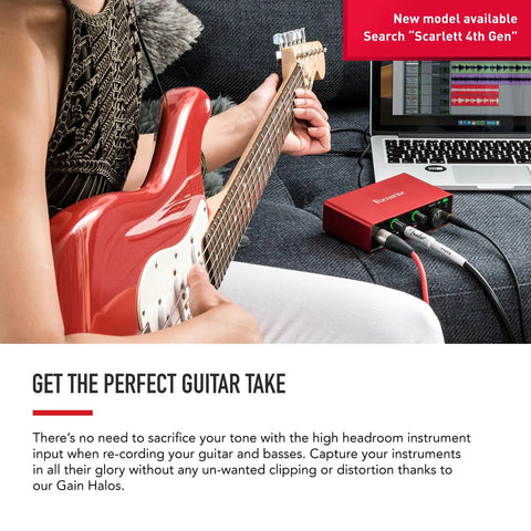 Person using Scarlett Solo Studio 3rd Gen USB Audio Interface Bundle With Condenser Microphone And Headphones for guitar recording