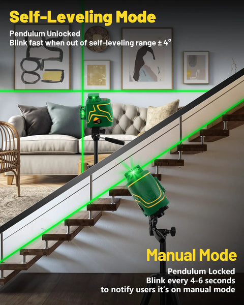 Dual 360 Degree Green Laser Level With 147 Ft Range showing self-leveling and manual modes on staircase