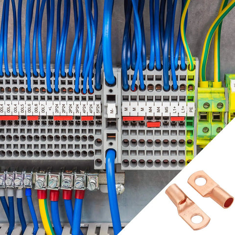 Copper Wire Lug Kit 170 Pcs Battery Terminal Connectors In 12 Sizes For AWG 4 6 8 10 12 Ring Terminals For Marine Automotive RV Solar Cables Great For DIY Wiring Projects And Quick Safe Battery Connections shown with electrical panel wiring.