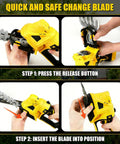 Quick and safe change blade instructions for cordless pole hedge trimmer with yellow body and safety features.
