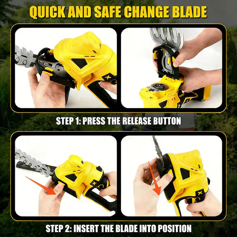 Quick and safe change blade instructions for cordless pole hedge trimmer with yellow body and safety features.