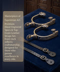 Western Cowboy Spurs Set With Six Hole Spur Belt, Stainless Steel Spurs With Rotatable Gear And Leather Spur Straps, displayed on a blue surface