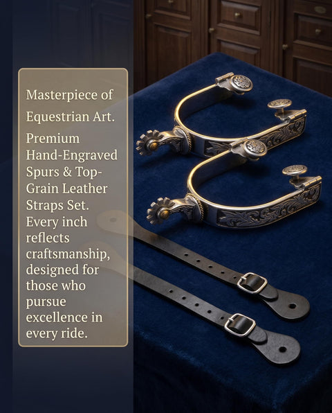 Western Cowboy Spurs Set With Six Hole Spur Belt, Stainless Steel Spurs With Rotatable Gear And Leather Spur Straps, displayed on a blue surface