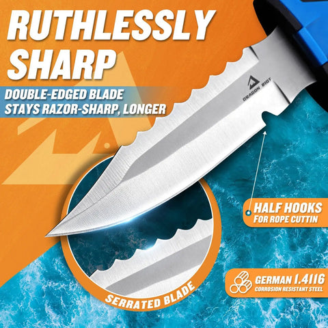 Scuba Diving Knife With Leg Straps And Sheath, Lightweight German 1.4116 Stainless Steel Blade, Sharp Dive Knife For Divers, serrated edge detail