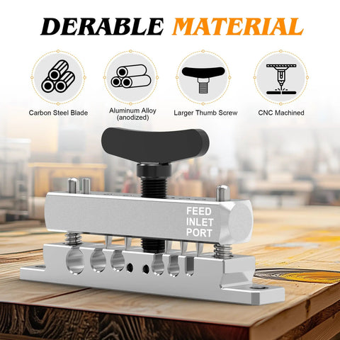 Portable Wire Stripper Machine With Adjustable Blade Height For 0.12-0.35 Inch Wires shown on a wooden table highlighting materials