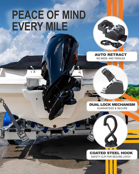 Beefy Heavy Duty Retractable Ratchet Straps 2 Pack For Boat And Trailer Tie Downs With Safety Latch S Hooks in use on boat
