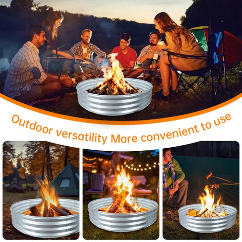 Group enjoying campfire in 60 Inch Fire Pit Ring Built From 0.8mm Galvanized Steel Heavy Duty Burn Barrel with Spark Guard outdoors