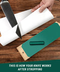 Leather Strop Kit For Knife Sharpening 15.2 Inch With Polishing Compound Dual Sided Razor Sharpener in use on paper