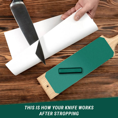 Leather Strop Kit For Knife Sharpening 15.2 Inch With Polishing Compound Dual Sided Razor Sharpener in use on paper