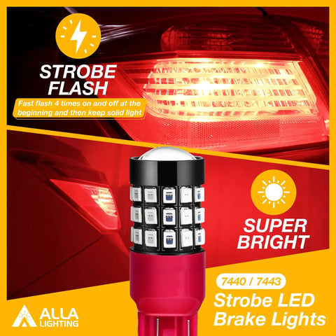 T20 7440 7443 Led Strobe Brake Light Bulbs Red Flashing Stop Lamps for Cars Trucks SUVs Vans W21W 7440LL 7443LL Replacement