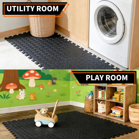 Interlocking EVA Foam Gym Mats Set 18 Pieces For Home Gym And Garage, 12.6 By 12.6 Inch Puzzle Floor Tiles in utility and playroom