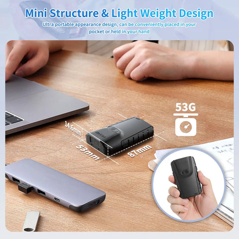 Compact E800 2D Bluetooth barcode scanner on desk, dimensions displayed, held in hand for scale, lightweight 53g design.