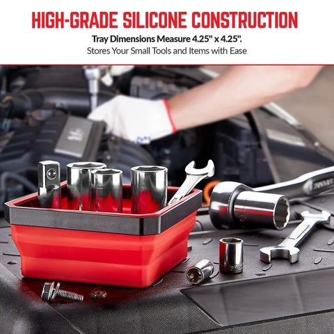 Collapsible Magnetic Parts Tray Set Pack of 3 4.25 Inch Square Tool Trays For Screws Bolts Nuts Washers Pins And Small Metal Parts Must Have Non Marring Rubber Magnet In Red Blue Green shown in red holding metal tools