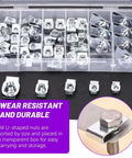 Stainless Steel Auto U Clip Kit 50Pcs 5 Sizes U Nut Assortment With Storage Box, shown with nuts in transparent case labeled sizes.