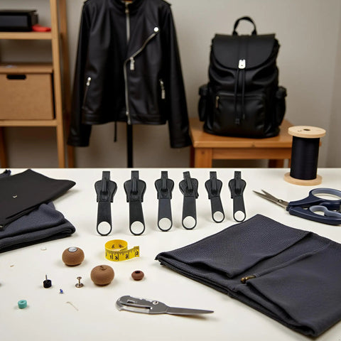 Six Black Zipper Sliders Replacement Kit for Quick Fixes on a table with sewing tools and black fabric, jacket, and backpack.