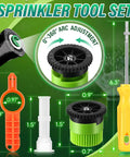 18 Piece Variable Arc Sprinkler Nozzle Kit With Rotor Adjustment Tool And Spare Filters illustrated with adjustable nozzle sizes and tools.